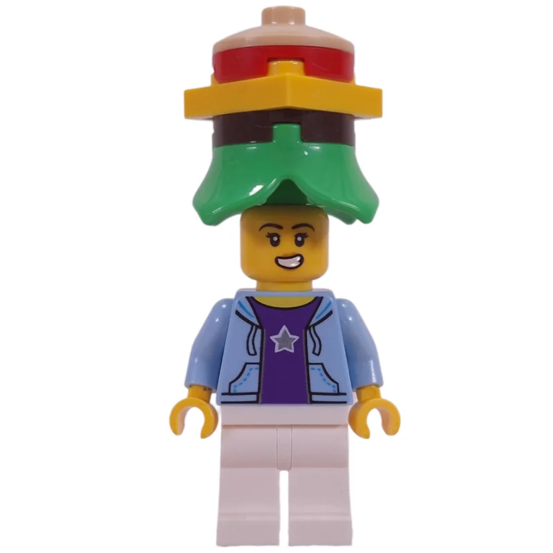 Bright Light Blue Torso, White Legs, Hamburger Hat