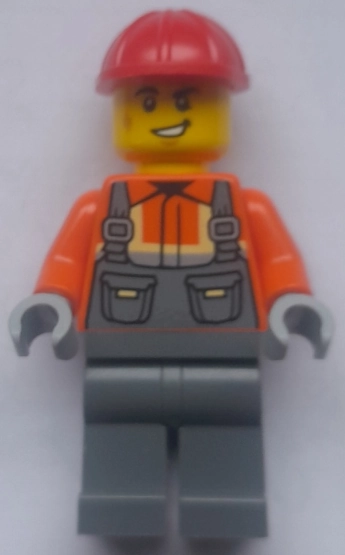 Construction Worker, Reddish Orange Safety Jacket, Dark Blue Grey Legs, Red Hard Hat