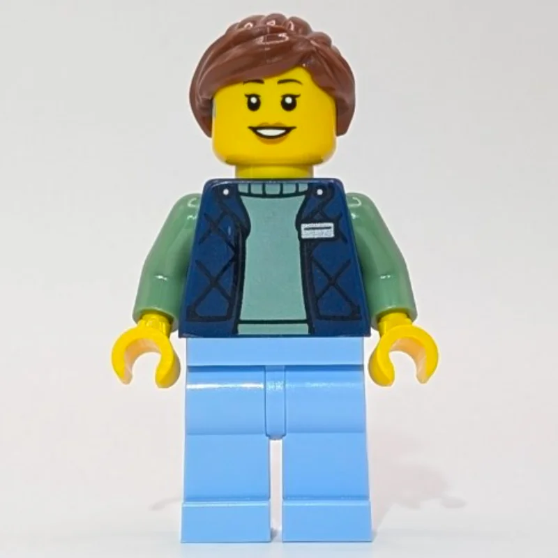 LEGO Employee, Dark Blue Torso, Bright Light Blue Legs, Reddish Brown Hair