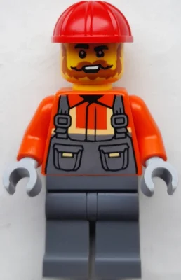 Construction Worker, Reddish Orange Safety Jacket, Dark Blue Grey Legs, Red Hard Hat