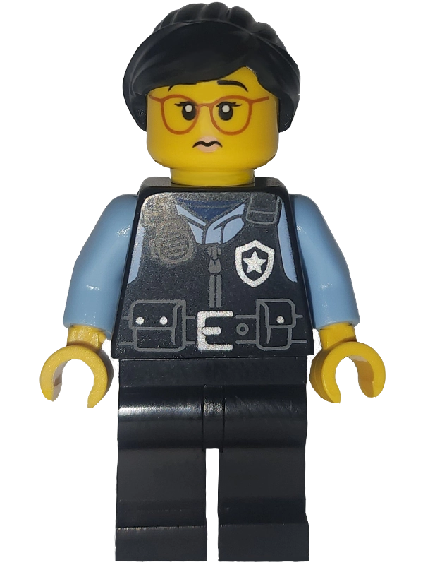 Police Officer, Black Vest, Bright Light Blue Shirt, Black Hair