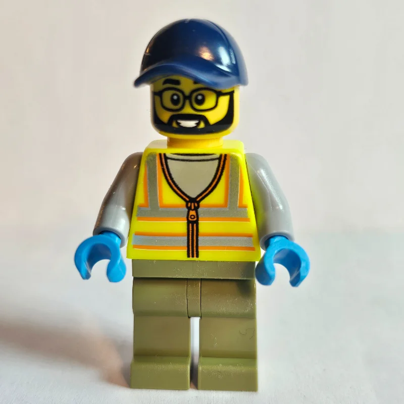 Dusty Broomer, Construction Worker, Vibrant Yellow Safety Vest, Olive Green Legs, Dark Blue Cap