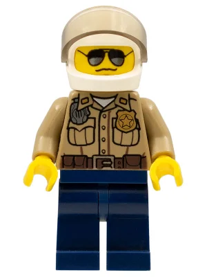 Forest Police / Ranger, Dark Tan Shirt with Radio and Badge, Dark Blue Legs, White Helmet with Visor, Sunglasses, 3626b Head