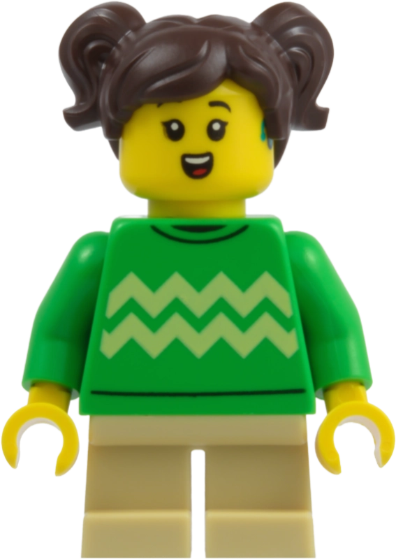 Girl, Bright Green Sweater, Tan Short Legs, Dark Brown Hair