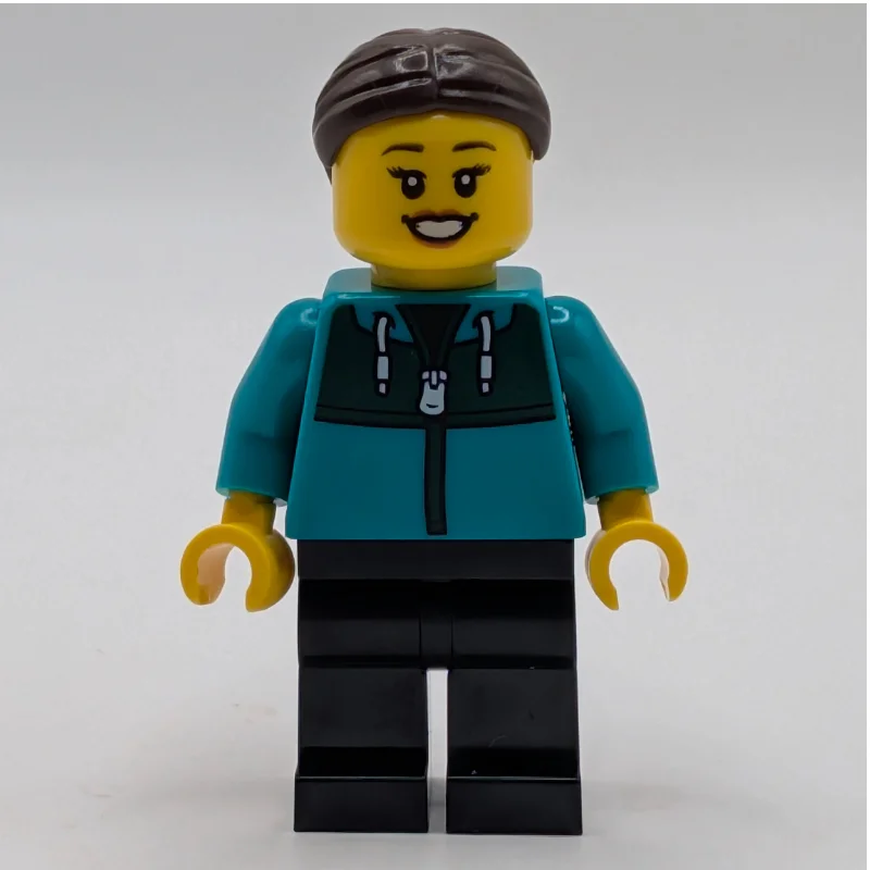 Woman, Dark Turquoise Hoodie, Black Legs, Dark Brown Hair